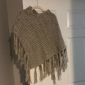 Demdaco Heathered Taupe Fringe Knit Poncho